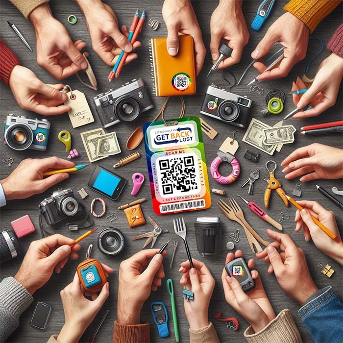 Close-up shot of multiple hands holding various everyday items, each adorned with a GETBACKLOST tag.