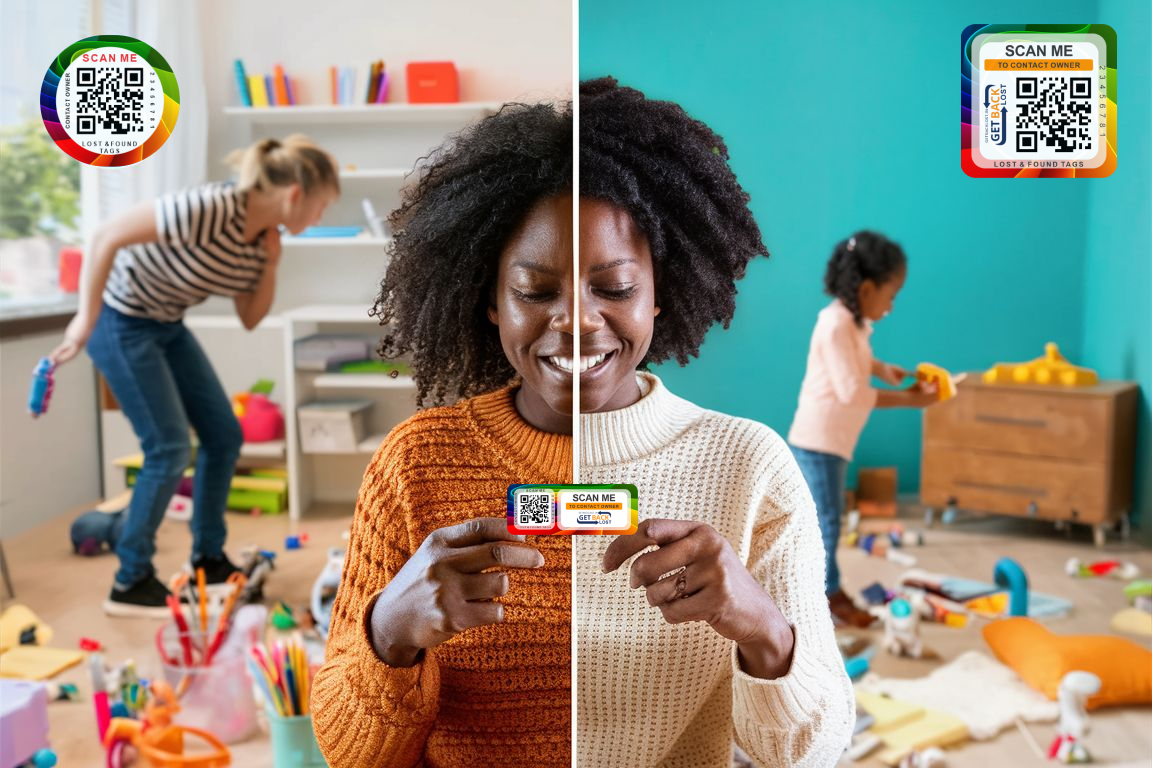 A split image showcasing the contrasting realities of parents with and without GETBACKLOST tags.
Left side: A photo of a stressed parent frantically searching a cluttered room, surrounded by scattered toys and school supplies. The image portrays the frustration and chaos associated with lost children's belongings.
Right side: A photo of a calm parent smiling while holding a phone displaying a "found item" notification with the GETBACKLOST logo. In the background, a child retrieves their lost toy with a joyful expression. This side emphasizes the peace of mind and successful reunion facilitated by the product.
Details: Maintain consistent lighting and use similar color palettes for both sides to create a unified image.