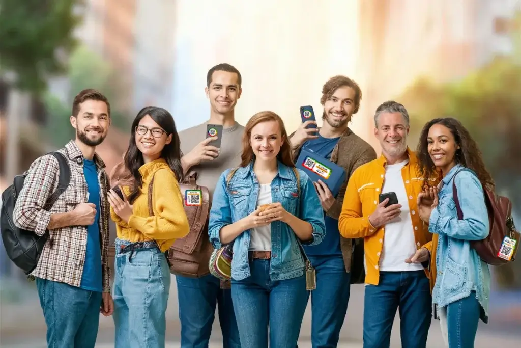 A photorealistic image showcasing a diverse group of people (e.g., student, traveler, parent) holding various everyday items (e.g., phone, backpack, wallet). The image should exude a sense of security, peace of mind, and relief, while subtly conveying the diverse applications of the product across different demographics.