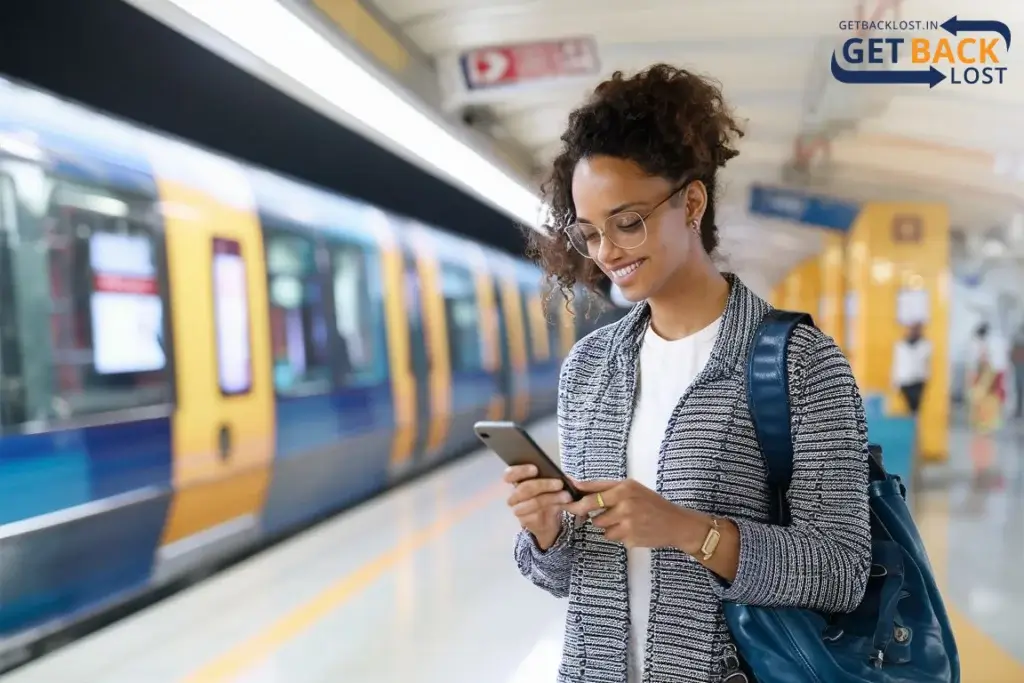 A high-quality image of a passenger using their smartphone to scan a QR code at a Delhi Metro station.