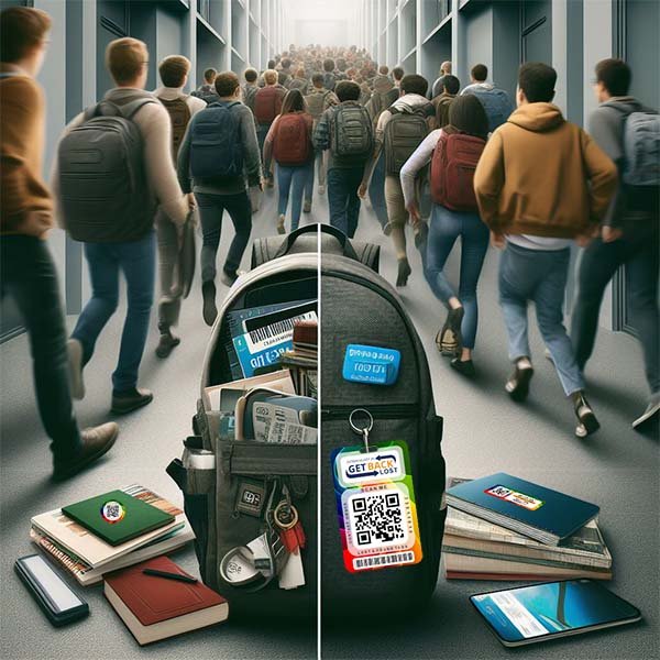 A split image contrasting the problem and solution for students. Left side: A photorealistic image of a crowded college hallway. Students rush past each other, some looking stressed as they search for something. Textbooks and laptops are scattered on the floor, symbolizing the chaos and potential for lost items. Right side: A close-up photo of a student's backpack neatly organized, with a GETBACKLOST tag prominently displayed on the side pocket.