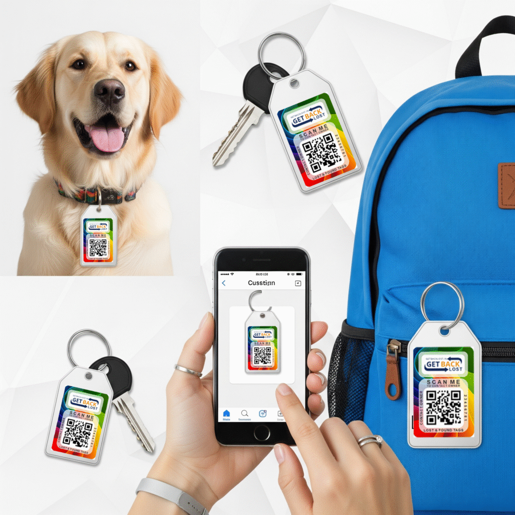 Various custom lost and found tags including a personalized pet tag on a dog's collar and a custom item tag on a keychain, demonstrating unique designs and QR code scanning for enhanced safety