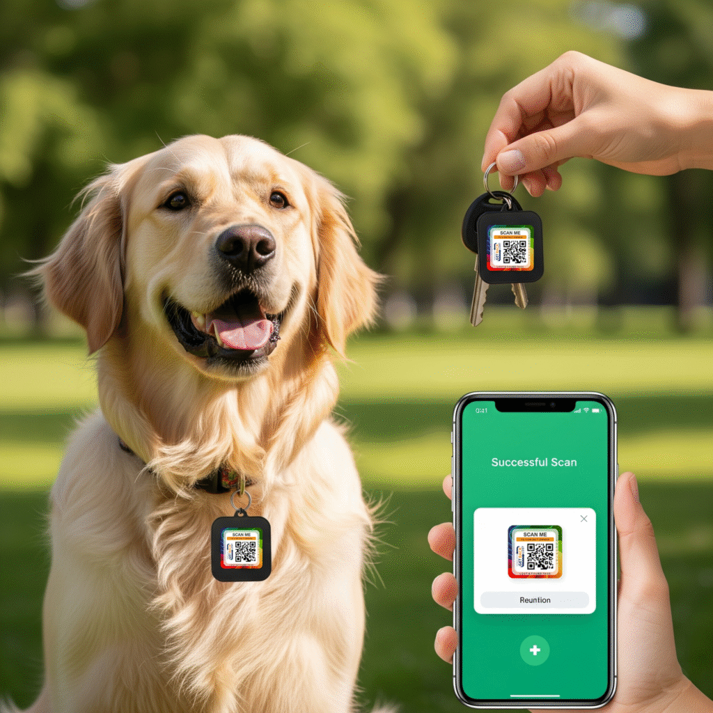 A composite image showing the best lost and found tags: a QR code tag on a dog's collar and another on a set of keys, both being scanned by a smartphone, illustrating recovery for pets and items.