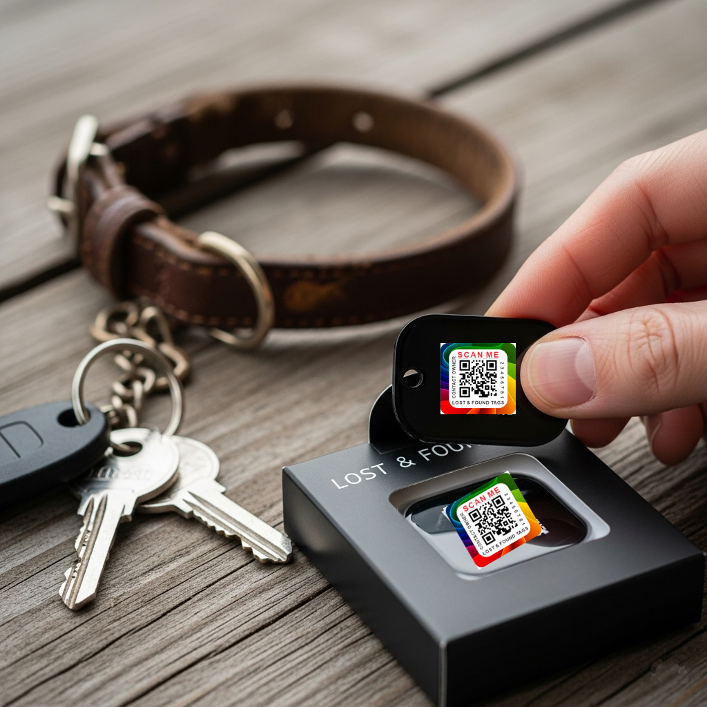 A lost pet collar and a new, replacement QR code tag, illustrating the concept of lost tag fee and replacement options