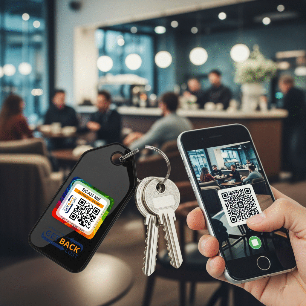 A set of keys with a modern QR code lost and found tag being scanned by a smartphone, demonstrating how digital lost and found tags help recover lost items.